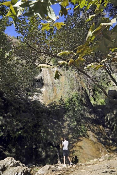 MALIBU, CA - NOVEMBER 18: Mark Mullaney, visiting from Oregon, takes a photo of the waterfall at the end of the Edward Albert Escondido Canyon Trail in Malibu on Wednesday, Nov. 18, 2020 in Malibu, CA. The trail is just short of two miles one way and ends at a waterfall when there's enough water. (Myung J. Chun / Los Angeles Times)