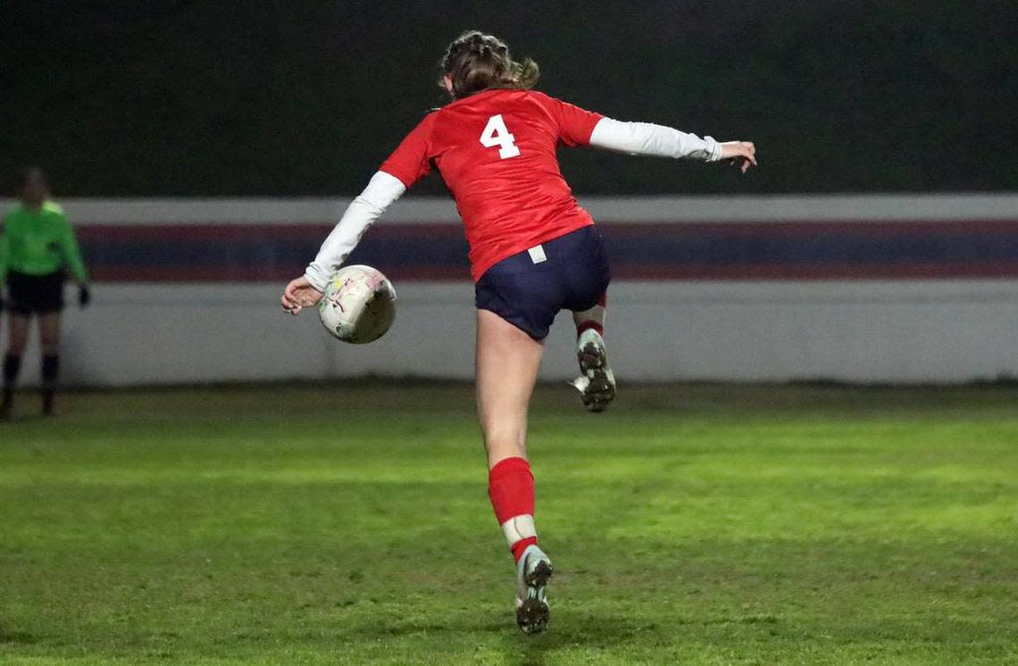 Jacqueline Wolf of Sanger tries to control the ball against San Joaquín Memorial during a Jan. 27, 2023 CMAC match at Tom Flores Stadium. Sanger won, 4-2, to improve to 5-0-1 in league play.