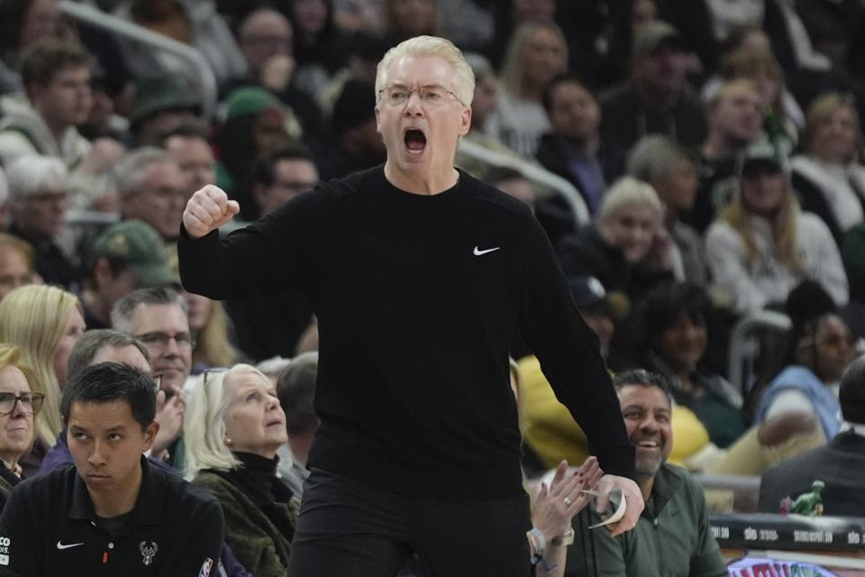 Milwaukee Bucks interim head coach Joe Prunty reacts during the first half of an NBA basketball game Wednesday, Jan. 24, 2024, in Milwaukee. (AP Photo/Morry Gash)