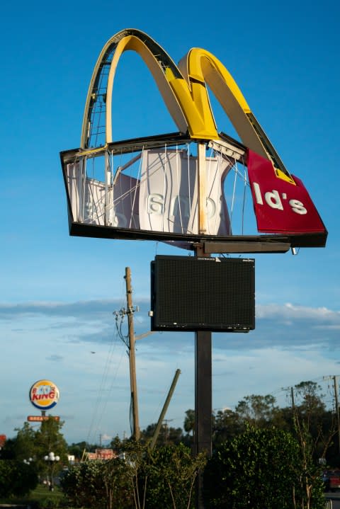 A storm-damaged McDonald’s sign is seen after Hurricane Idalia crossed the state on August 30, 2023 in Perry, Florida. The storm made landfall at Keaton Beach, Florida as a category 3 hurricane. (Photo by Sean Rayford/Getty Images)
