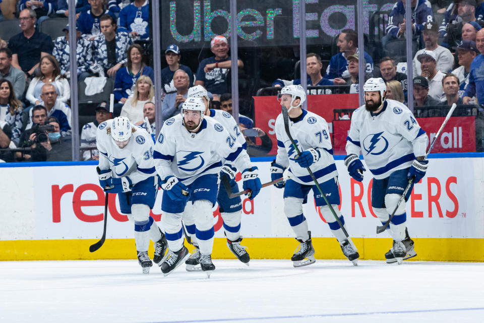 TORONTO, ON - MAY 14: Tampa Bay Lightning Center Nicholas Paul (20) celebrates his goal during the first period of the Round 1 NHL Stanley Cup Playoffs Game 7 between the Tampa Bay Lightning and the Toronto Maple Leafs on May 14, 2022, at Scotiabank Arena in Toronto, ON, Canada. (Photo by Julian Avram/Icon Sportswire via Getty Images)