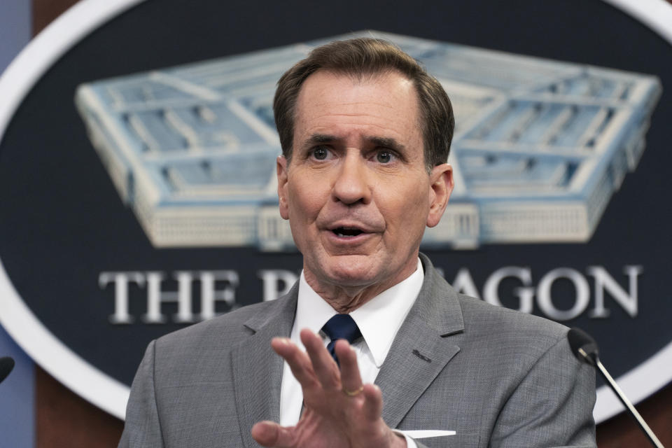 Pentagon spokesman John Kirby speaks during a briefing at the Pentagon in Washington, Monday, Jan. 24, 2022. The Pentagon says that Defense Secretary Lloyd Austin has put about 8,500 troops on heightened alert, so they will be prepared to deploy if needed to reassure NATO allies in the face of ongoing Russian aggression on the border of Ukraine. (AP Photo/Manuel Balce Ceneta)