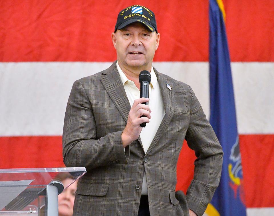 Doug Mastriano, Republican nominee for governor of Pennsylvania, speaks during a rally at the Bayfront Convention Center in Erie on Oct. 14, 2022. 