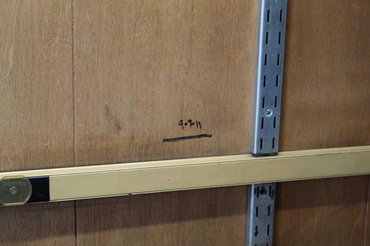A line marking the high water mark is still seen on the wall of the office in Snyder's Service from tropical storm Lee