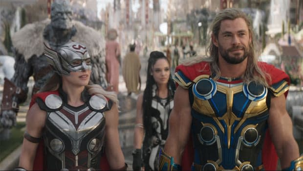 Taika Waititi's Korg, Natalie Portman as Thor/Jane Foster, Tessa Thompson as Valkyrie and Chris Hemsworth as Thor Odinson in "Thor: Love and Thunder"<p>Marvel Studios/Disney</p>