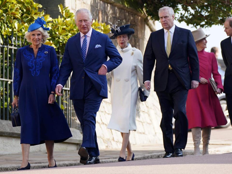 King Charles III (2L) and Queen Camilla (L) walk with Princess Anne, Princess Royal (C), Prince Andrew, Duke of York (3R), Sophie, Duchess of Edinburgh (2R) and Prince Edward, Duke of Edinburgh as they arrive for the Easter Mattins Service at St. George’s Chapel, Windsor Castle (POOL/AFP via Getty Images)