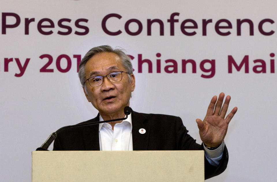 Thailand Foreign Minister Don Pramudwinai addresses journalists during a press conference following the Association of Southeast Asian Nations (ASEAN) Foreign Ministers' retreat in Chiang Mai, Thailand, Friday, Jan. 18, 2019. (AP Photo/Gemunu Amarasinghe)