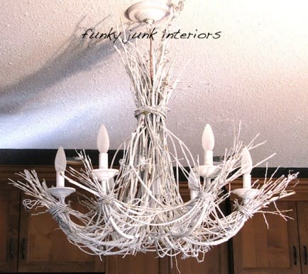 <div class="caption-credit"> Photo by: Funky Junk Interiors</div><b>White twig chandy</b> <br> Transform willow branches and grapevines into a rustic chandelier! Perfect for adding natural texture and homespun elegance to shabby chic decor, this chandy is sure to be the crowning glory of any room! <br> <i>Get the full tutorial at <a rel="nofollow noopener" href="http://www.funkyjunkinteriors.net/2010/11/lighting-up-my-life-with-white-branch.html" target="_blank" data-ylk="slk:Funky Junk Interiors" class="link ">Funky Junk Interiors</a></i> <br> <br> <b><i><a rel="nofollow noopener" href="http://www.babble.com/home/18-gorgeous-diy-light-fixtures/?cmp=ELP|bbl||YahooShine||InHouse|102213|DIYLamp||famE|" target="_blank" data-ylk="slk:For 11 more unique lighting fixtures, visit Babble!" class="link ">For 11 more unique lighting fixtures, visit Babble!</a></i></b>