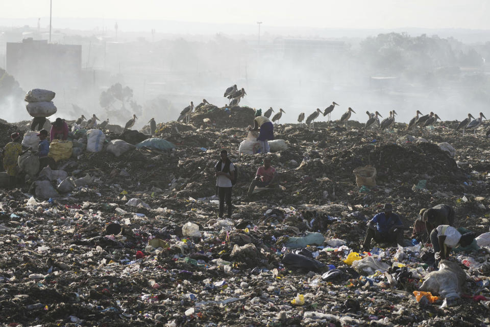 People scavenge recyclable materials for a living, past Marabou storks feeding on a mountain of garage at Dandora, the largest garbage dump in the capital Nairobi, Kenya Wednesday, March 20, 2024. U.N. agencies have warned that electrical and electronic waste is piling up worldwide while recycling rates continue to remain low and are likely to fall even further. (AP Photo/Brian Inganga)