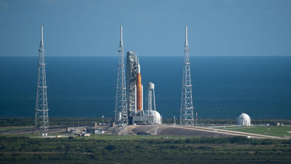 NASA’s Space Launch System (SLS) rocket with the Orion spacecraft aboard is seen atop a mobile launcher at Launch Complex 39B at NASA’s Kennedy Space Center in Florida.