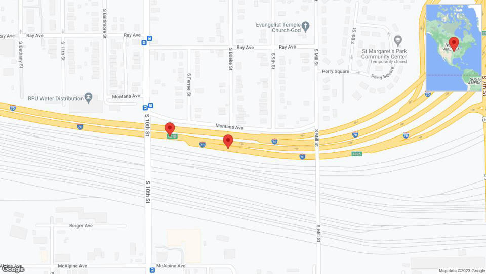 A detailed map that shows the affected road due to 'Broken down vehicle on eastbound I-70 in Kansas City' on December 24th at 2:08 p.m.