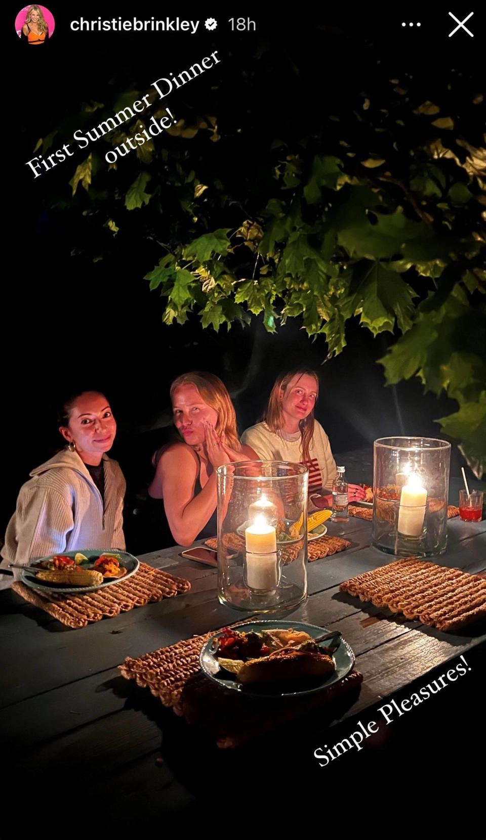 Christie Brinkley marked the “first summer dinner” with daughters Alexa and Sailor. (Christie Brinkley / Instagram)