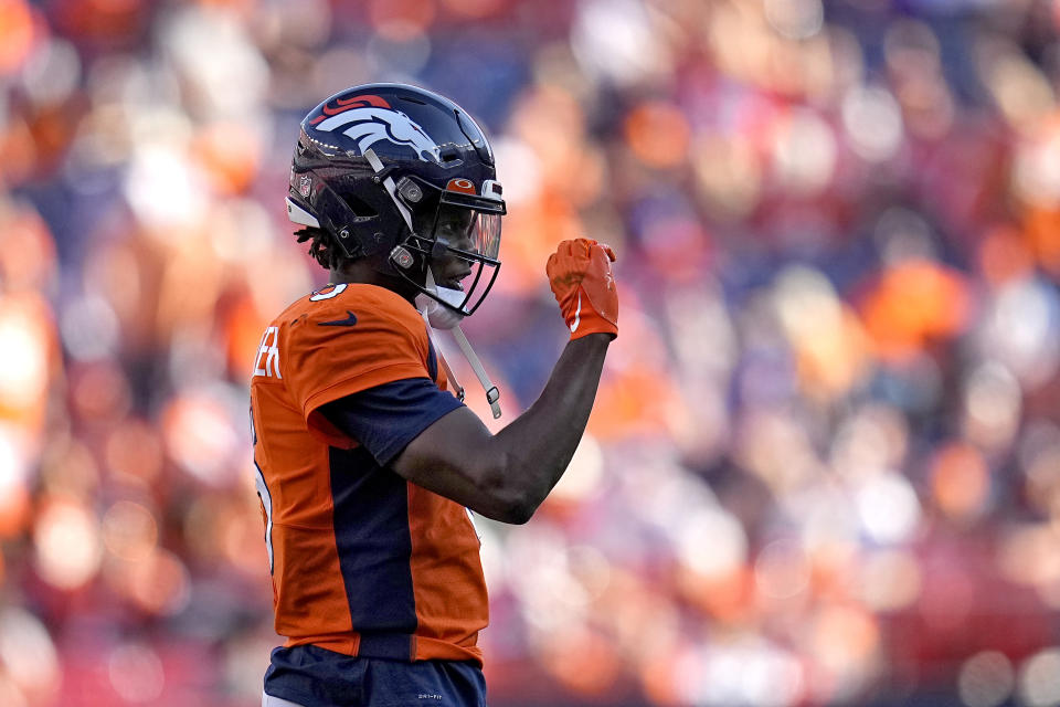 Denver Broncos quarterback Teddy Bridgewater (5) motion to his bench during the second half of an NFL football game abasing the New York Jets, Sunday, Sept. 26, 2021, in Denver. (AP Photo/Jack Dempsey)