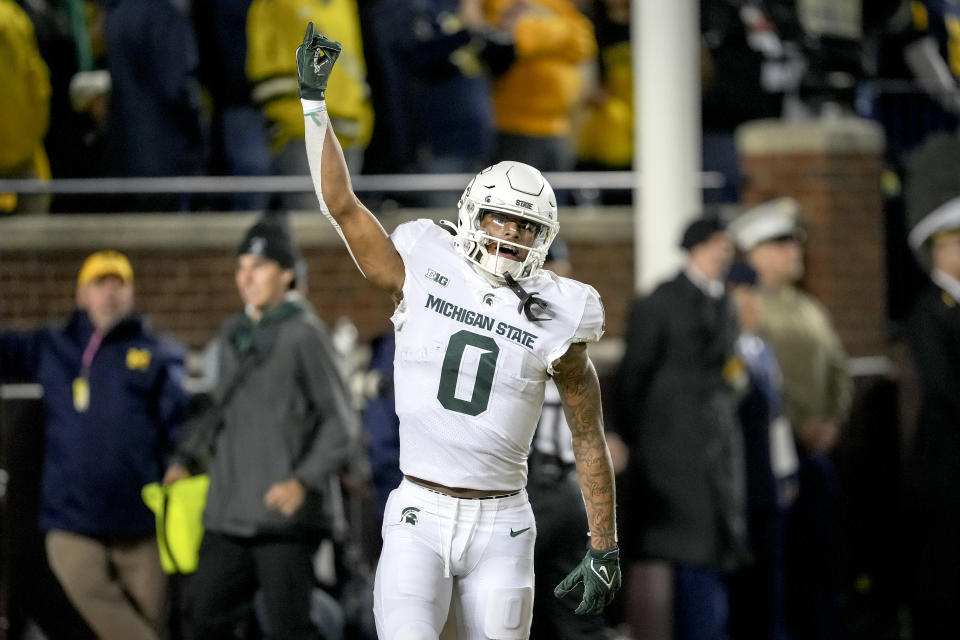 ANN ARBOR, MICHIGAN - OCTOBER 29: Keon Coleman #0 of the Michigan State Spartans celebrates after scoring a touchdown against the Michigan Wolverines at Michigan Stadium on October 29, 2022 in Ann Arbor, Michigan. (Photo by Nic Antaya/Getty Images)