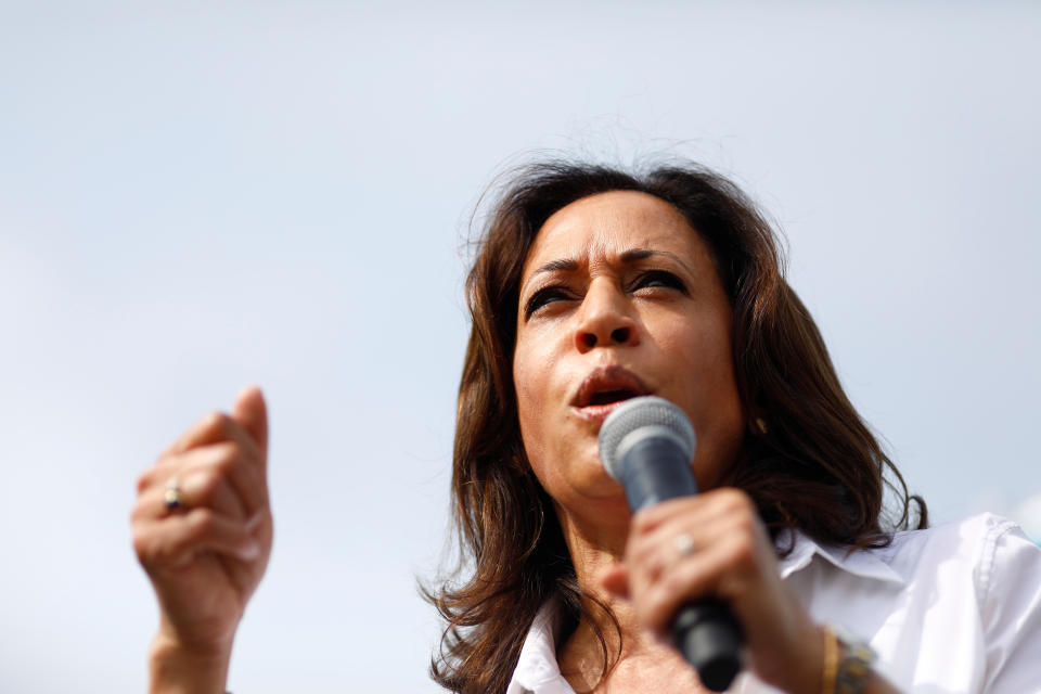 Sen. Kamala Harris (D-Calif.), a 2020 Democratic presidential candidate, speaks at the Iowa State Fair in Des Moines last month. (Photo: ERIC THAYER / Reuters)