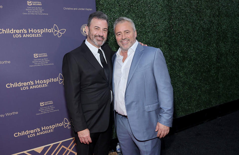 (L-R) Jimmy Kimmel and Matt LeBlanc attend the 2022 Children’s Hospital Los Angeles Gala at the Barker Hangar on October 08, 2022 in Santa Monica, California.