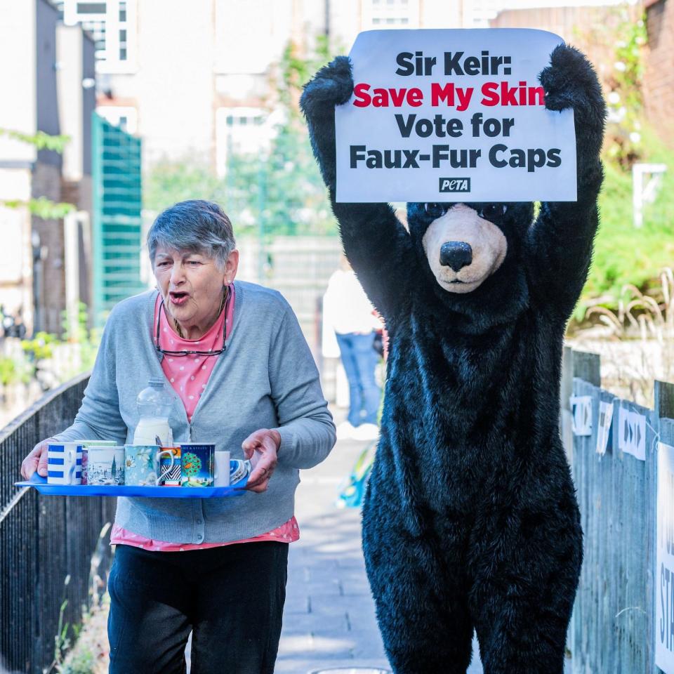 A lady carries a tray of teas past a protester in a bear suit
