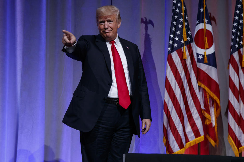 President Donald Trump arrives to speak at the Ohio Republican Party State Dinner, Friday, Aug. 24, 2018, in Columbus, Ohio. (AP Photo/Evan Vucci)