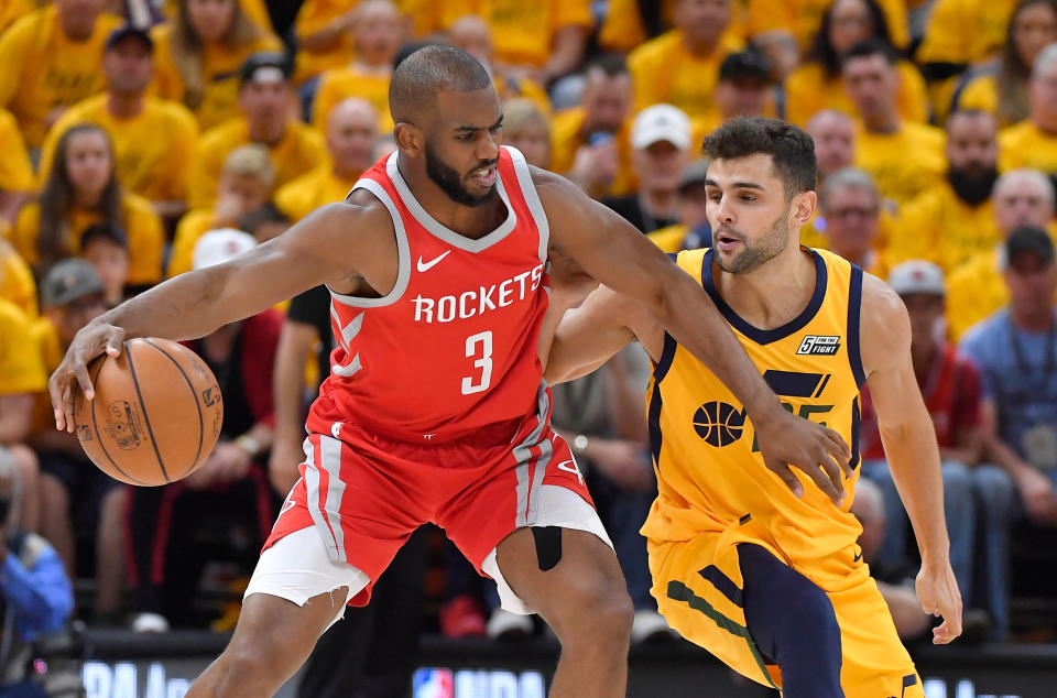 Chris Paul let an expletive fly in a live TV interview after Houston’s Game 4 win in Utah on Sunday. (Getty Images)