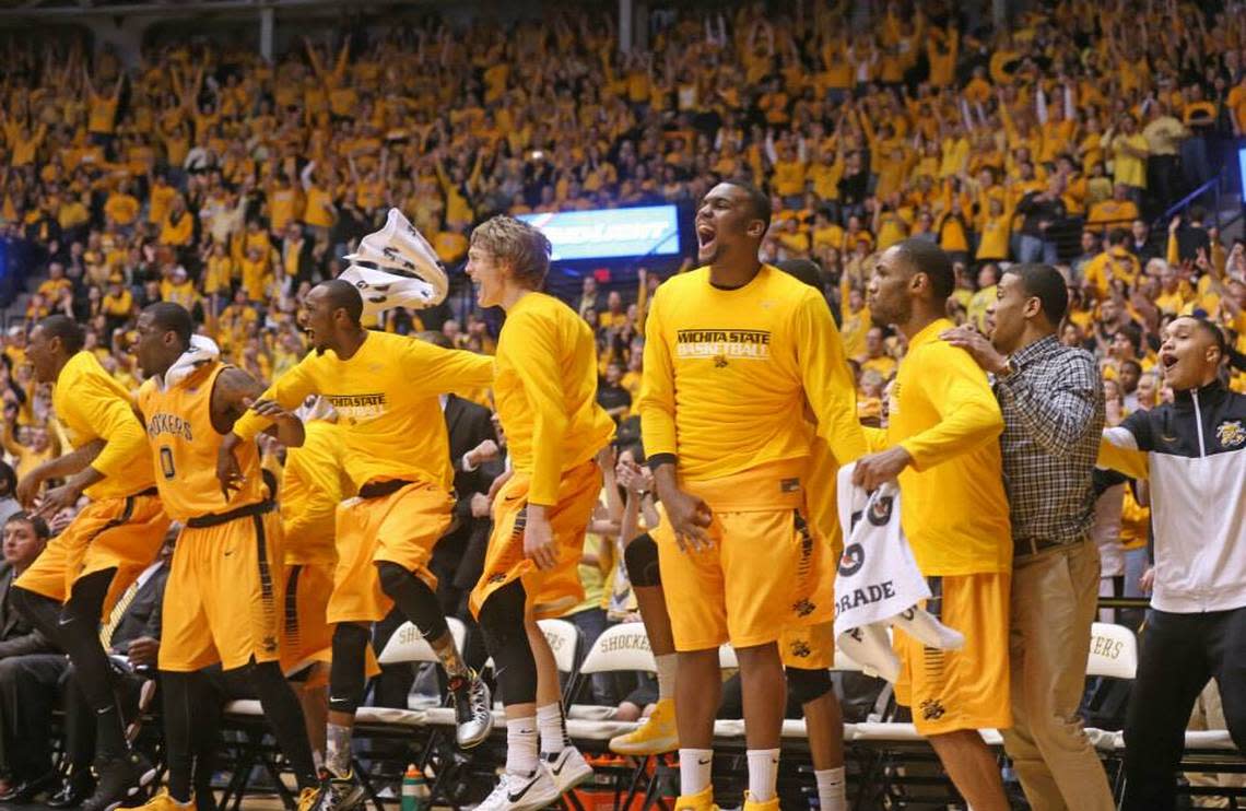 D.J. Bowles (far right in white) was still considered a member of the 2013-14 Wichita State team that went on to set an NCAA record with its 35-0 start to the season.