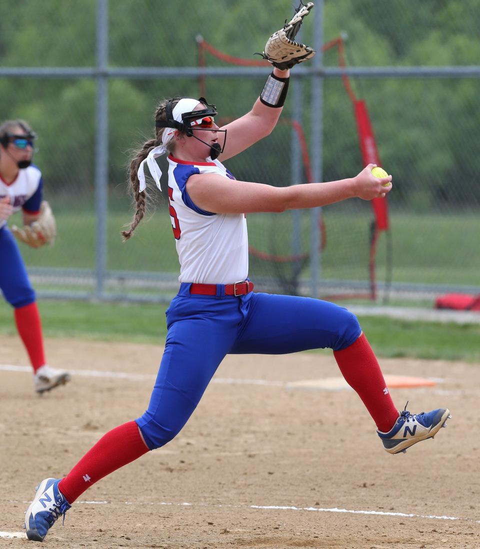 Meridith Rankl of Tuslaw, delivering a pitch in the regional semifinals, pitched a 13-inning complete game Saturday.