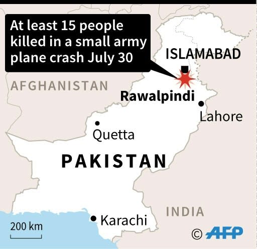 Map of Pakistan locating a small army plane crash which killed at 15 people on Tuesday