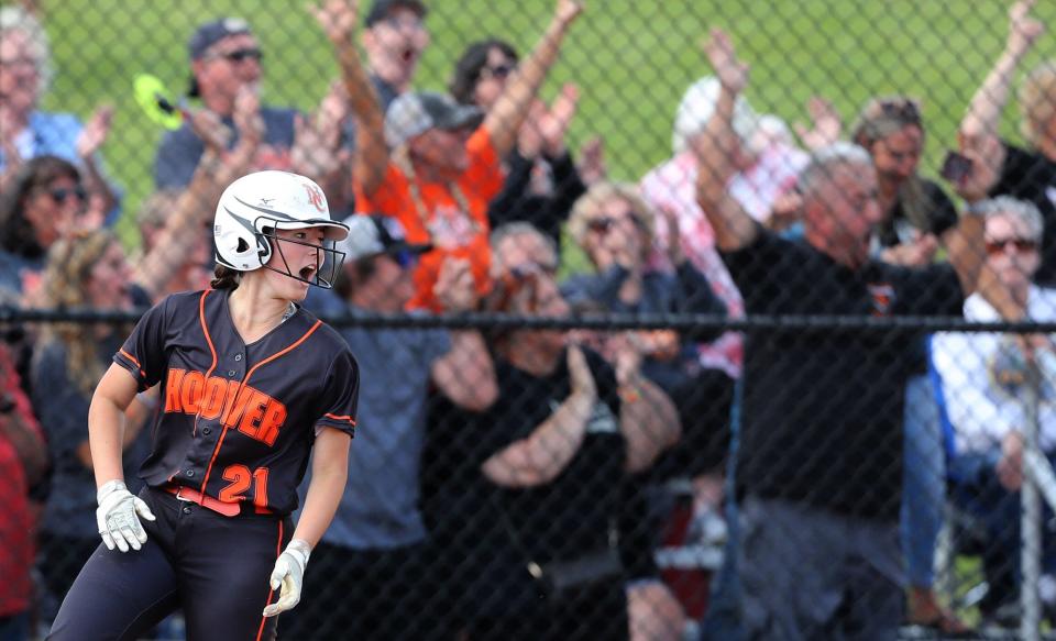 Tess Bucher of Hoover celebrates along with fans after she scored during a Division I regional final win over Fitch at Youngstown State on Saturday, May 28, 2022.