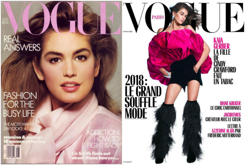 <p>Cindy Crawford tenía 20 años cuando apareció en la ya icónica portada de Vogue USA (Agosto, 1986). Kaia, sin embargo, lo ha conseguido con 16. Sí, es la estrella del número de febrero de Vogue Paris. (Foto: Vogue). </p>