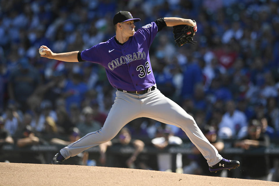 Colorado Rockies starter Chris Flexen delivers a pitch during the first inning of a baseball game against the Chicago Cubs Saturday, Sept. 23, 2023, in Chicago. (AP Photo/Paul Beaty)