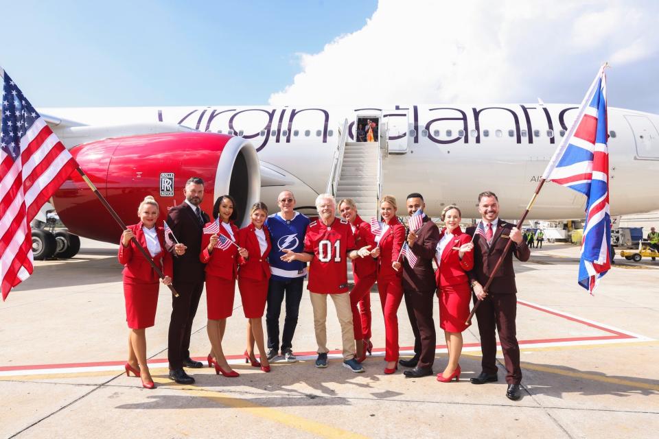 Richard Branson and Shai Weiss with Virgin's A330-900neo after inaugural to Tampa.