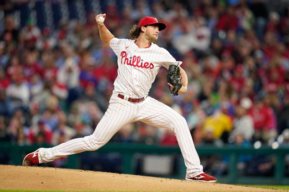 Philadelphia Phillies' Aaron Nola pitches during the second inning of a baseball game against the Pittsburgh Pirates, Tuesday, Sept. 26, 2023, in Philadelphia.
