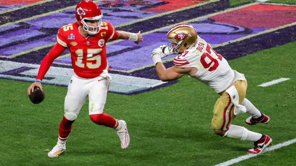 <div>LAS VEGAS, NEVADA - FEBRUARY 11: Quarterback Patrick Mahomes #15 of the Kansas City Chiefs looks to throw under pressure from defensive end Nick Bosa #97 of the San Francisco 49ers in the fourth quarter of Super Bowl LVIII at Allegiant Stadium on February 11, 2024 in Las Vegas, Nevada. The Chiefs defeated the 49ers 25-22 in overtime. (Photo by Ethan Miller/Getty Images)</div>