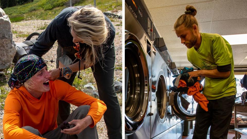 Parell laughs with his mother, left, and Potter, right, does laundry at a laundromat.