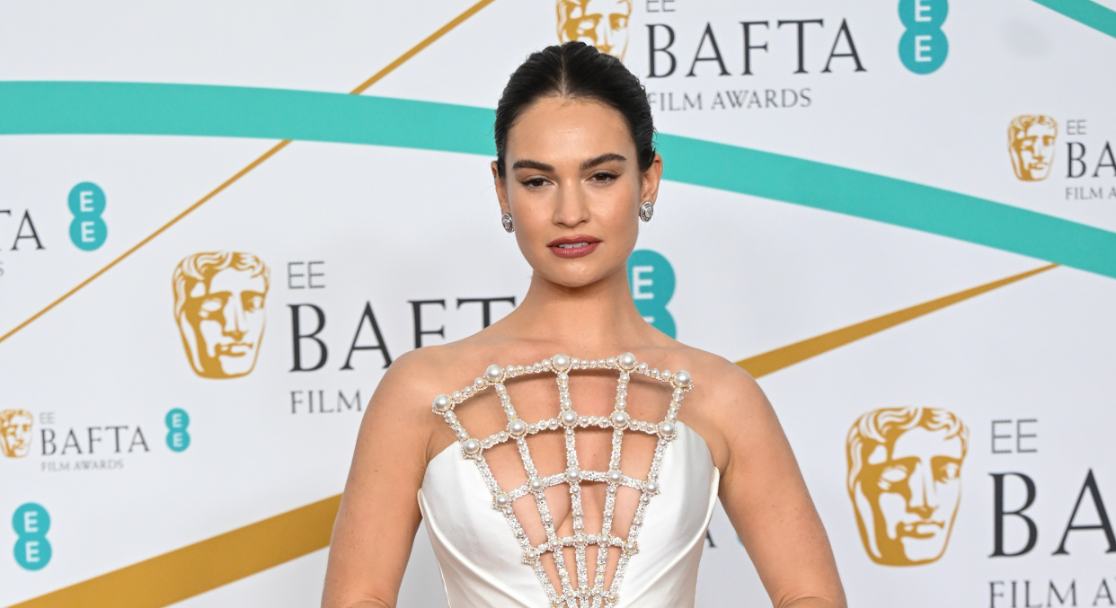 Lily James attends the EE BAFTA Film Awards 2023 at The Royal Festival Hall on February 19, 2023 in London, England