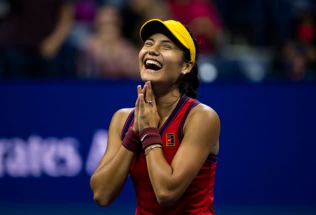 Emma Raducanu celebrating her victory over Maria Sakkari in the semifinals of the US Open. (Photo: TPN via Getty Images)