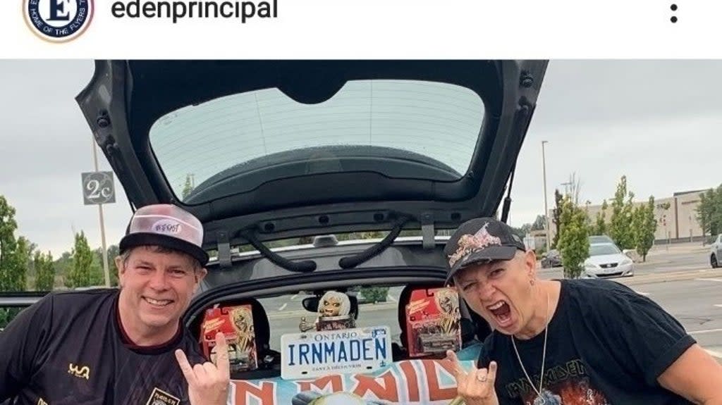 Sharon Burns (right), principal of Eden High School, seen with Iron Maiden paraphernalia  (Change.org)