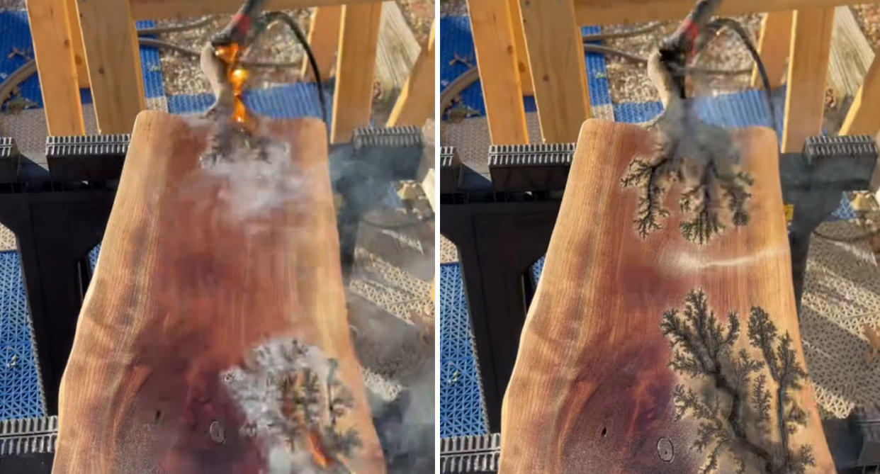 TikTok video showing woodburning technique with tree art on wood