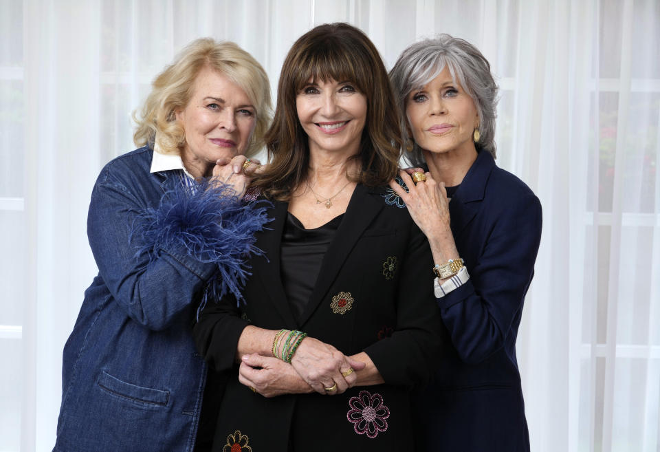 Candice Bergen, left, Mary Steenburgen, center, and Jane Fonda, cast members in the film "Book Club: The Next Chapter," pose together for a portrait, Monday, May 1, 2023, at the Four Seasons Hotel in Los Angeles. (AP Photo/Chris Pizzello)