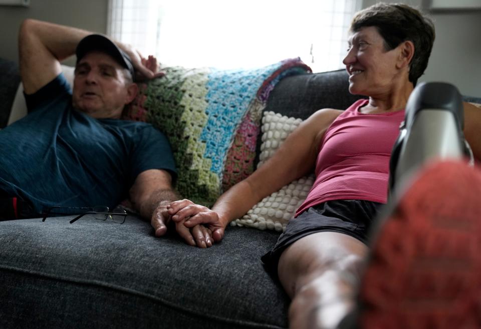 A year after losing her left leg in a dog mauling, Eva Simons, of Clintonville, wears a bionic prosthetic device. Her partner, Bob Garrett, says Simons' motivation to recover has never waned, recalling how she spent only a few days in a rehabilitation facilty instead of a few weeks. He calls her, u0022an insipration,u0022 to himself and his grandkids.