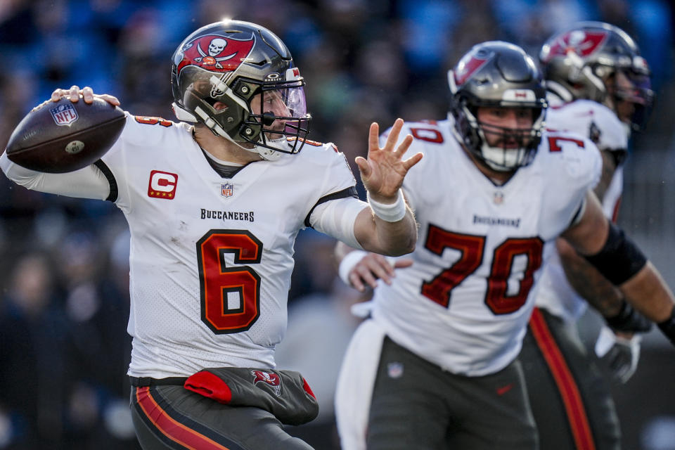 Tampa Bay Buccaneers quarterback Baker Mayfield (6) passes against the Carolina Panthers during the second half of an NFL football game, Sunday, Jan. 7, 2024, in Charlotte, N.C. (AP Photo/Rusty Jones)