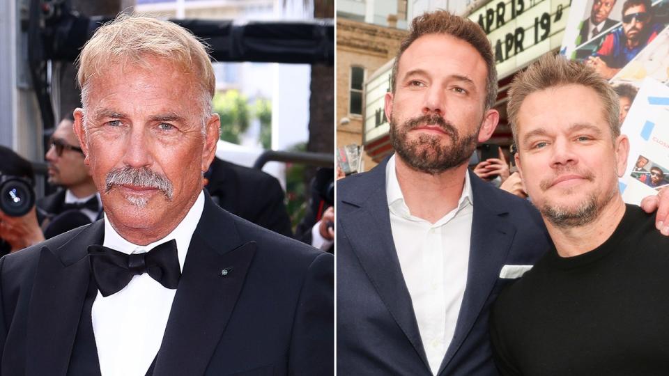 Side by side photos of Kevin Costner and Ben Affleck and Matt Damon