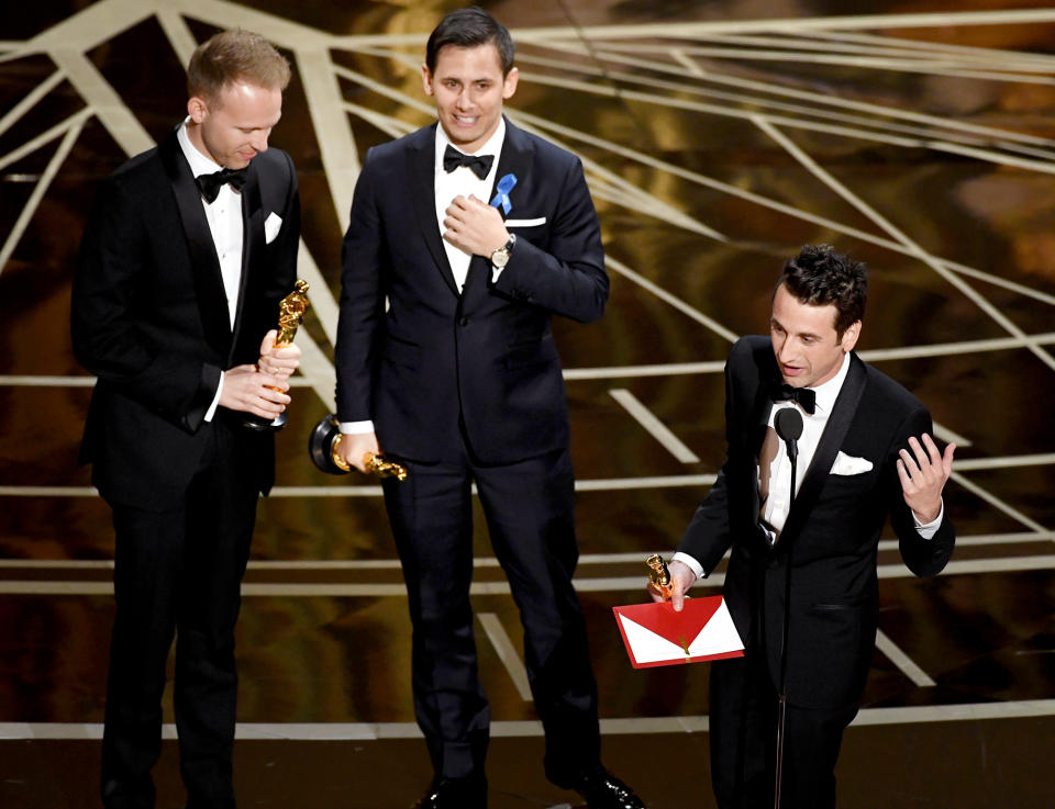 "I want to thank my mom who is amazing and my date tonight. She let me quit the JCC soccer league to be in a school musical, so this is dedicated to all the kids who sing in the rain and all the moms who let them!"— Benj Pasek, accepting the award for Best Song for La La Lands "City of Stars" 