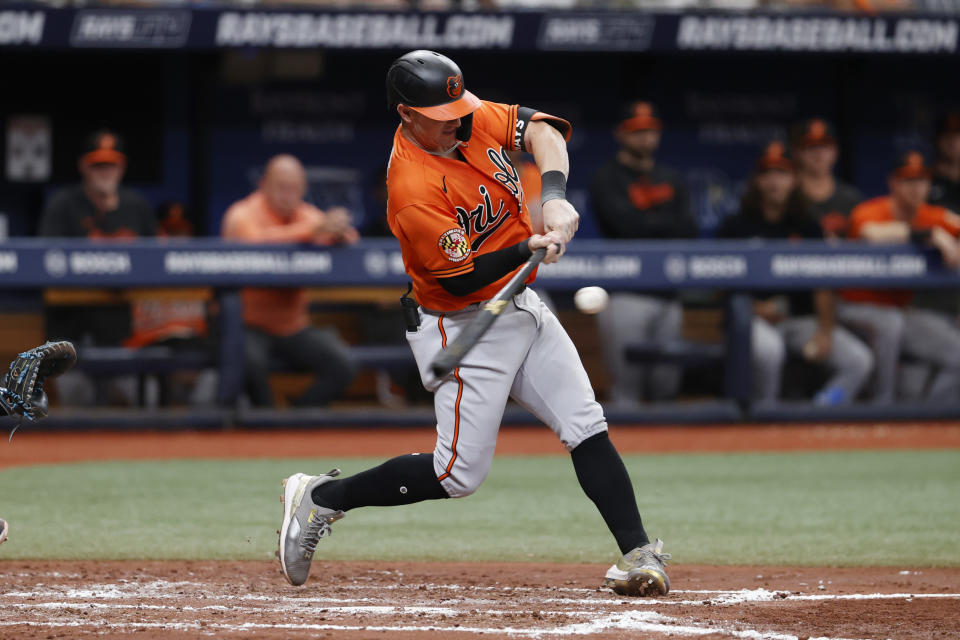 Baltimore Orioles' Austin Hays hits an RBI double during the fourth inning of a baseball game against the Tampa Bay Rays, Saturday, July 22, 2023, in St. Petersburg, Fla. (AP Photo/Scott Audette)