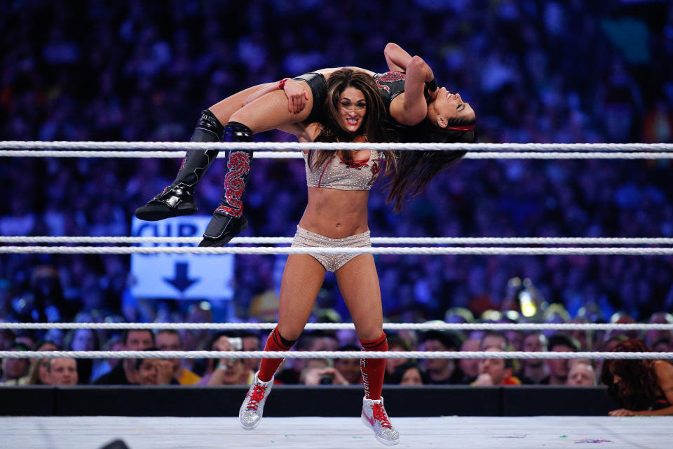 Brie Bella and Nikki Bella, known as the Bella Twins,  during Wrestlemania XXX 