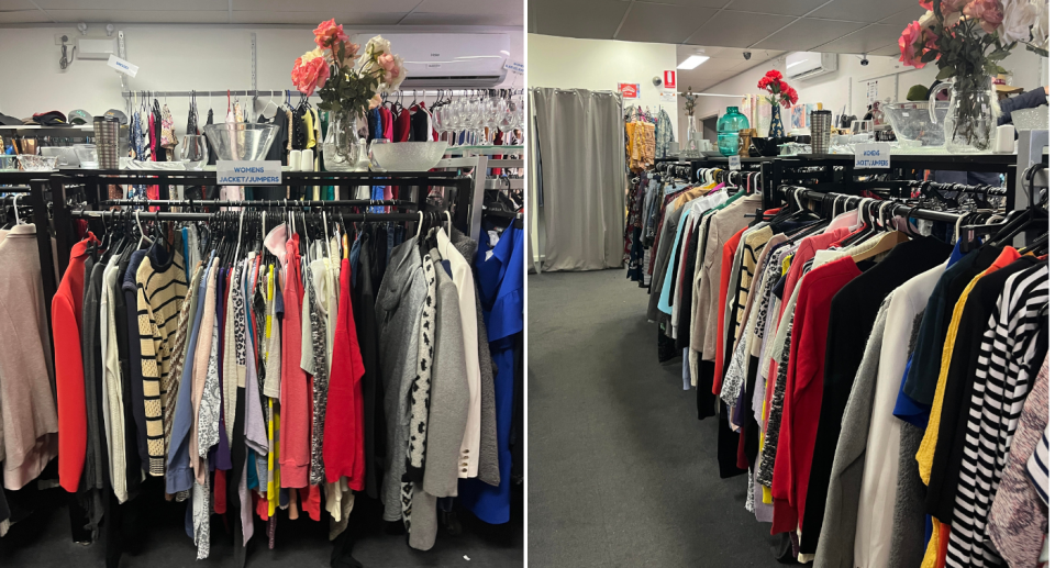 Clothes racks inside a charity shop.