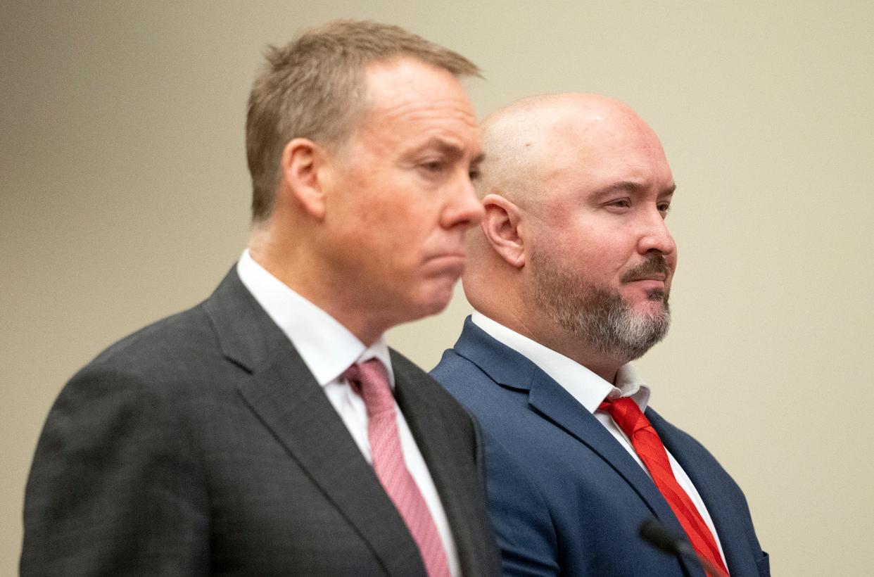 Benjamin Rutan, 42, of Grove City, at right, appeared Monday, Jan. 29, 2024, in Franklin County Common Pleas Court with his attorney, Bradley Koffel, left, as Rutan pleaded guilty under a deal with prosecutors to two counts of unlawful sexual conduct with a minor.