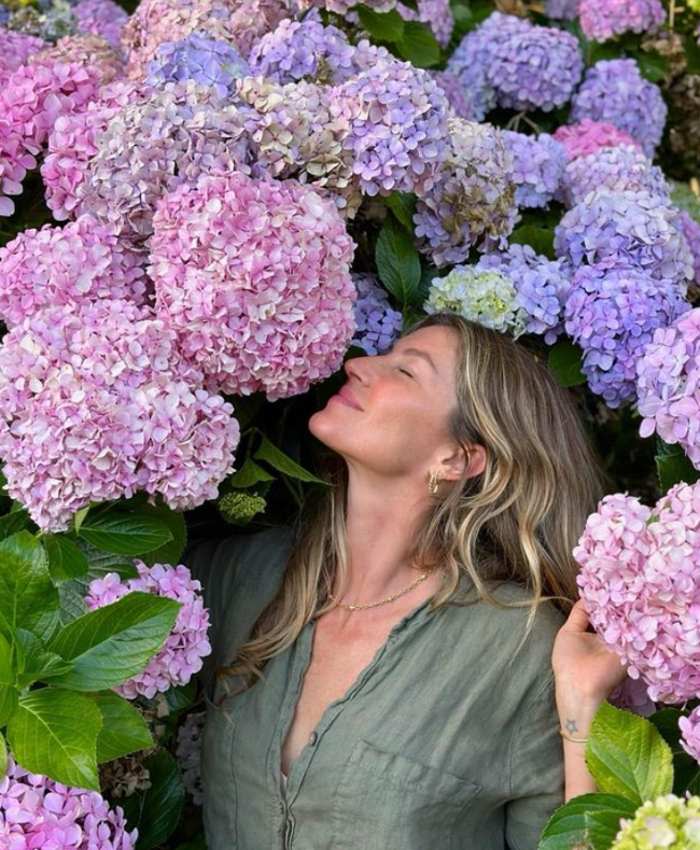 Gisele Bündchen rodeada de hortensias 