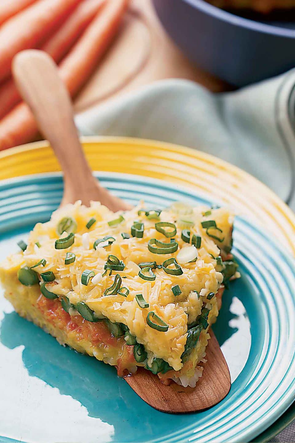 breakfast in bed slice of vegetable frittata on blue plate