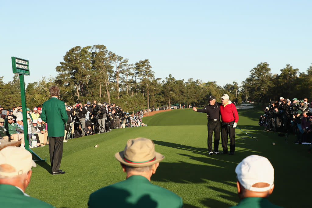 Gary Player and Jack Nicklaus prepare to open the Masters. (Getty)