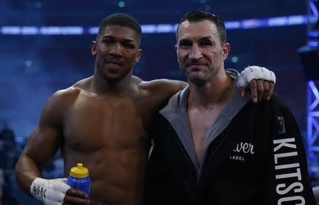 Britain Boxing - Anthony Joshua v Wladimir Klitschko IBF, IBO & WBA Super World Heavyweight Title's - Wembley Stadium, London, England - 29/4/17 Anthony Joshua with Wladimir Klitschko after the fight Action Images via Reuters / Andrew Couldridge Livepic